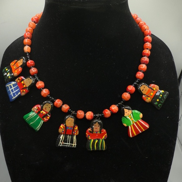 Vintage Colorful Guatemala Beaded Necklace featuring Clay Doll Charms